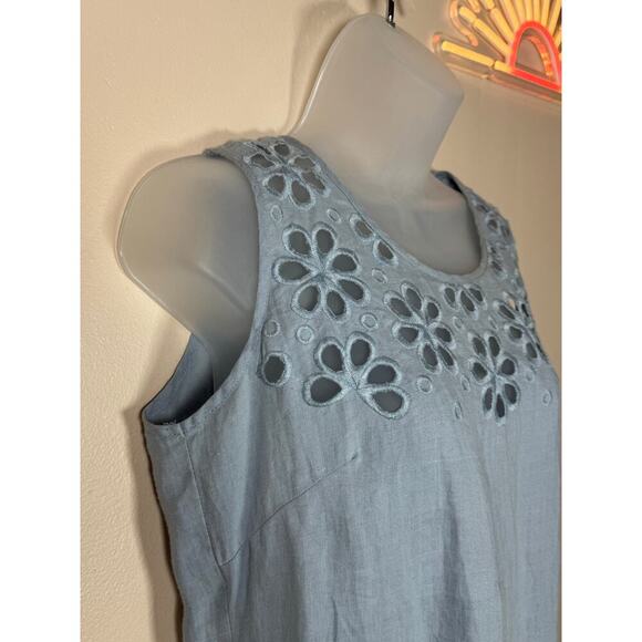 100% Linen Light Blue Embroidered Floral Knee Length Preppy Cottage S Sleeveless - Picture 2 of 8